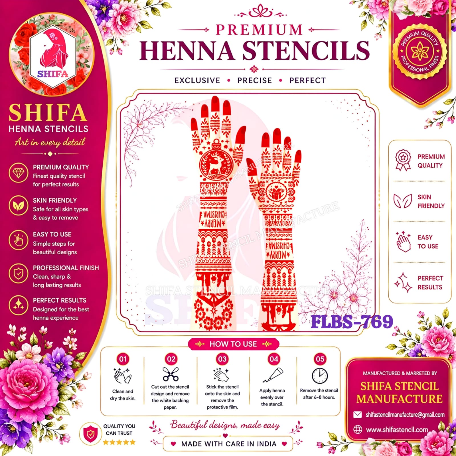 FLBS 769 Christmas Celebration Pattern Double Hand Henna Stencil